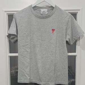 Ami Gray Short Sleeve T-Shirt with Red Heart Logo